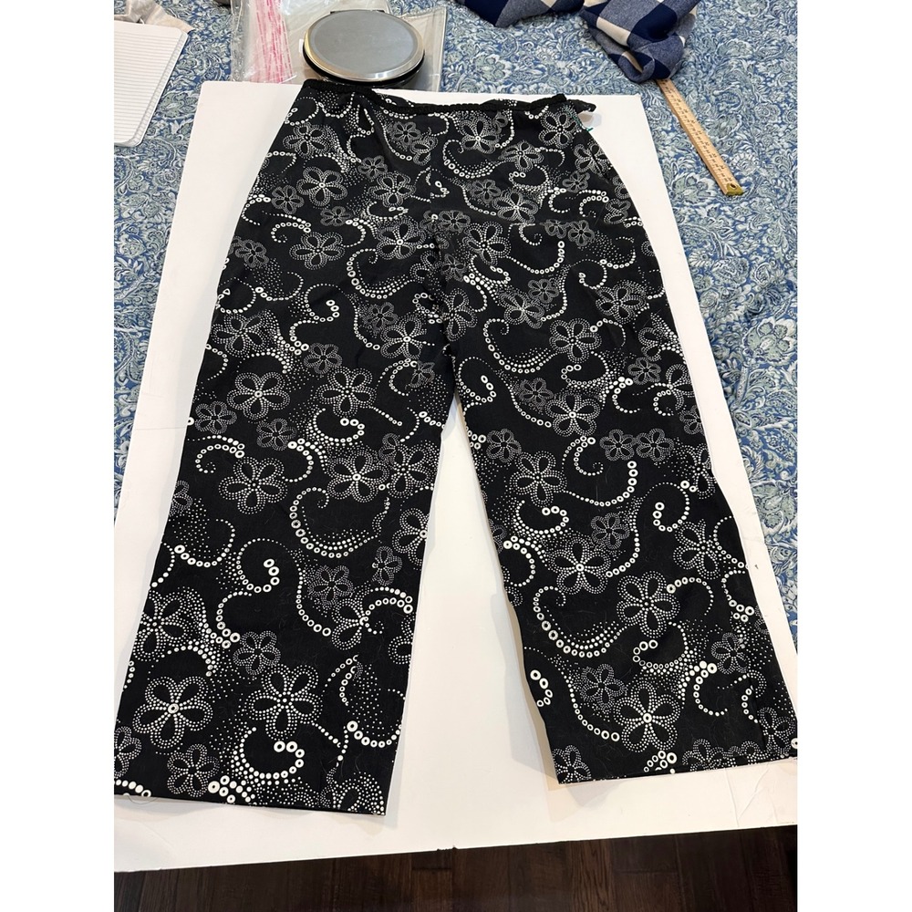 Willi Smith Stretch Black White Floral Dot Wide Leg Pants W96286MVF3 Womens 8